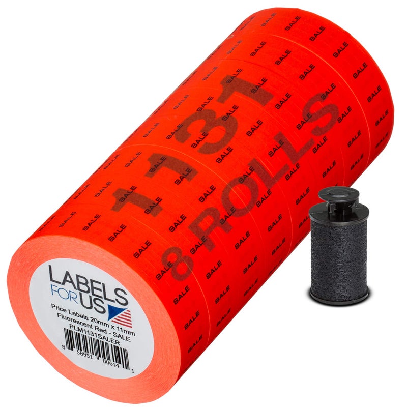 Labels for Us Labels for Monarch 1131 Labeler - Sale - Red - 20,000 Labels - Pack with 8 Rolls - Ink Roller Included - Made and Delivered by Labels for Us - Image 1